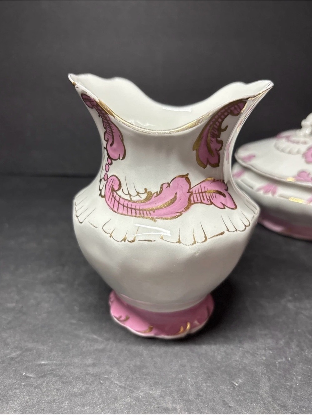 Victorian Vanity Set Pink &White Porcelain Champion Powder Dish & Pitcher - Picture 9 of 15